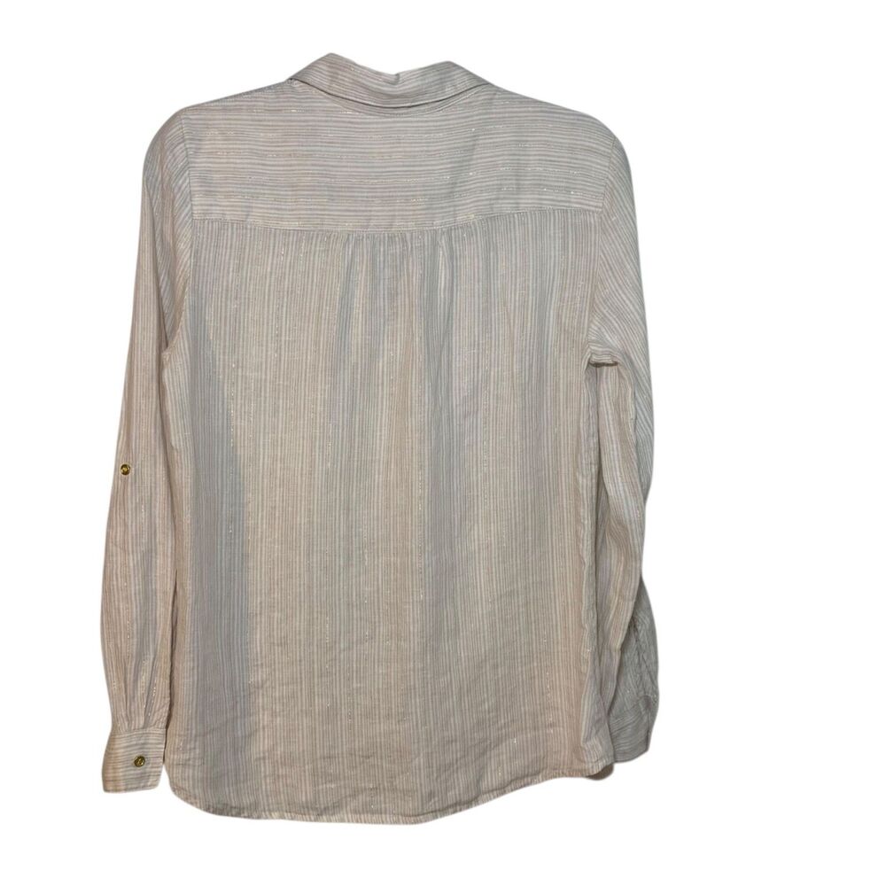 Charter Club Womens Cream Gold Metallic Button Linen Shirt M Vacation Beach - Picture 5 of 6